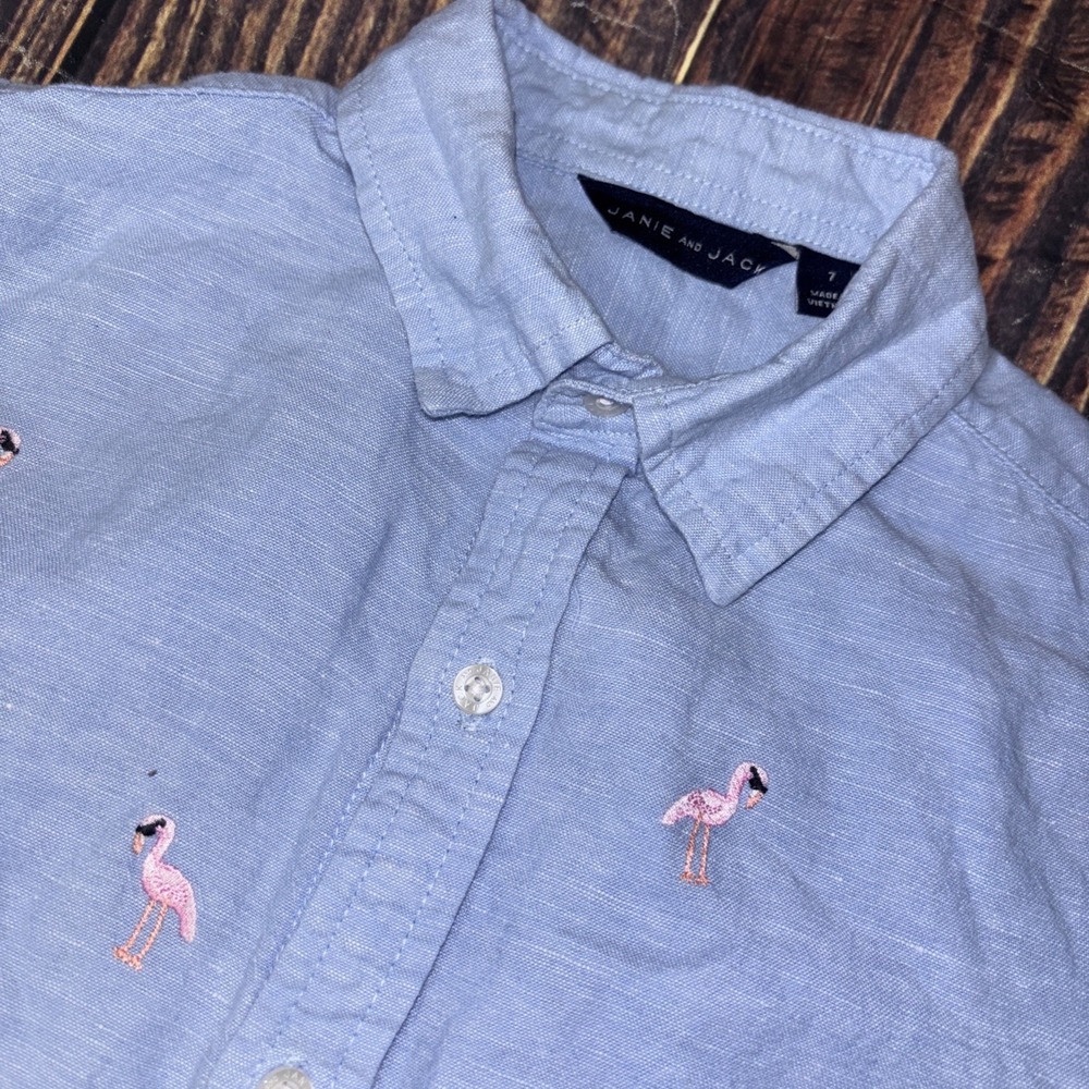 Janie and Jack Blue Linen Blend Button Down with Embroidered Flamingos Boys 7 - Picture 2 of 5